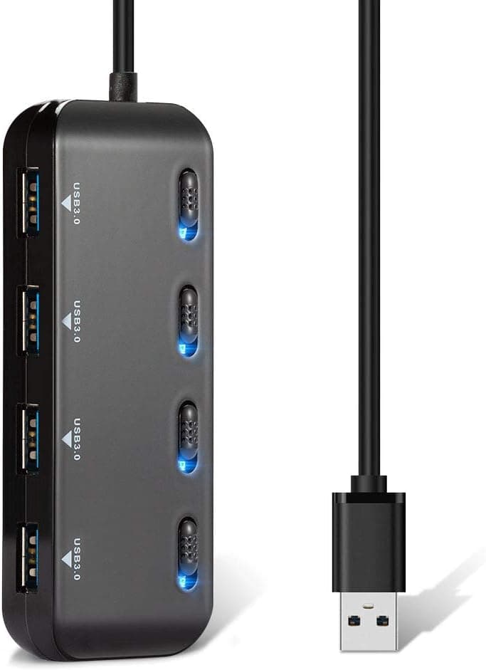 USB Hub Splitter 4 Port 3.0 - Powered Multiport High Speed USB 3.0 Hub Adapter Ultra Slim USB Expander Hub 6 in Cable with Individual On/Off Switches Blue LED Indicator for Laptop/MacBook Pro/PC/Ipad