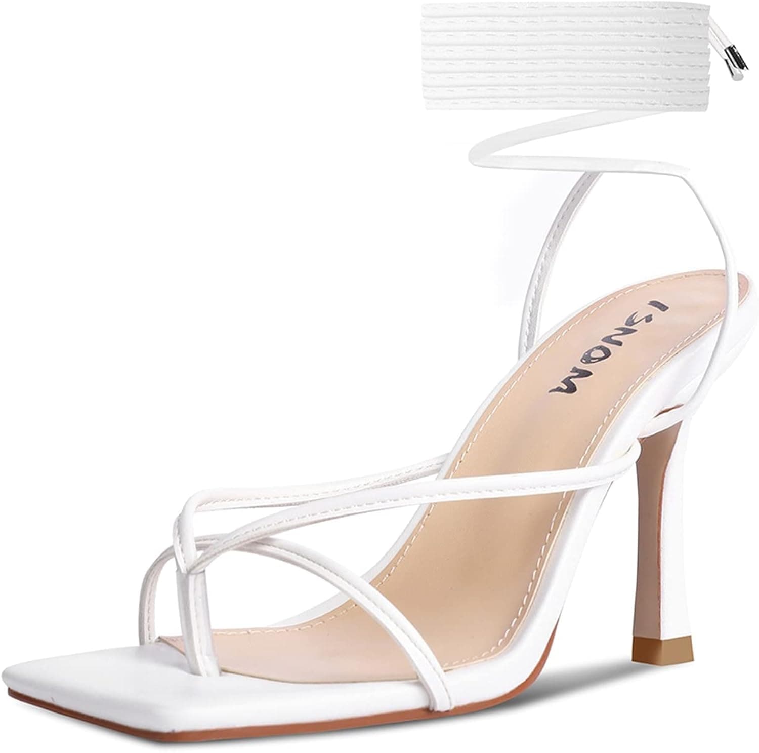 ISNOM Lace Up Heels Sandals for Women, Square Toe, Open Toe Thong, Stiletto Heels Design