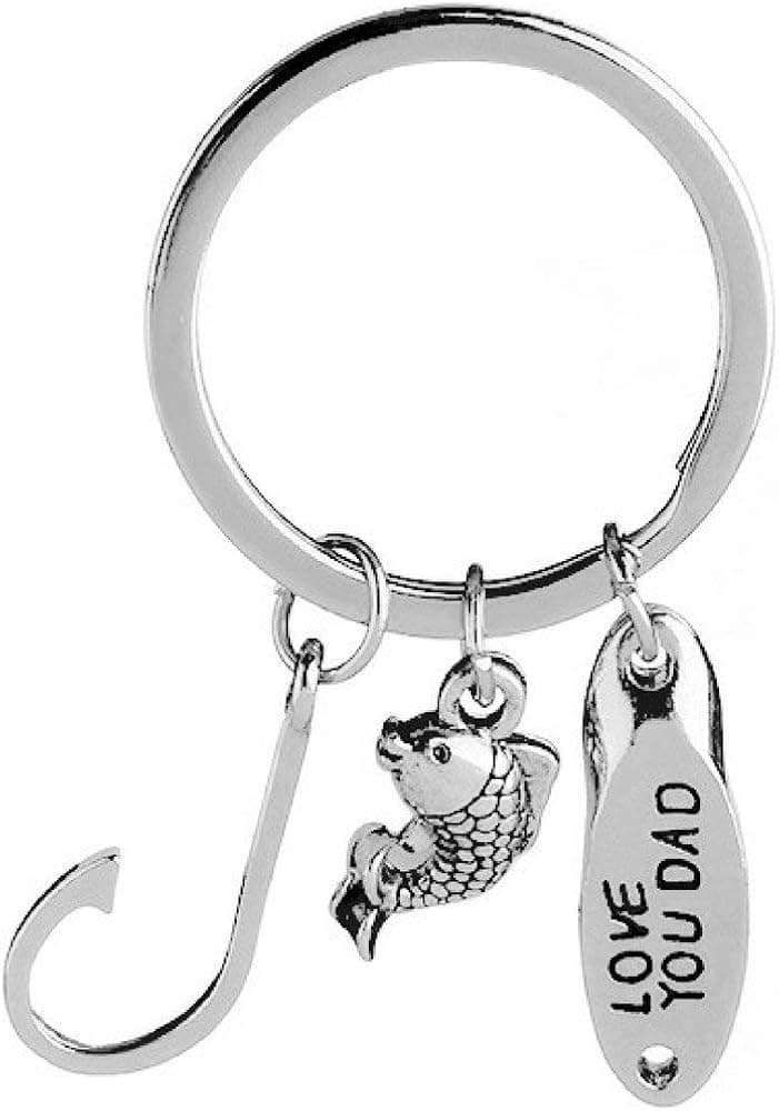 Gifts for Dad Key Chain: Love You Dad Silver Fishing Keychain Hook and Fish Charm Father's Day Gift (Silver)