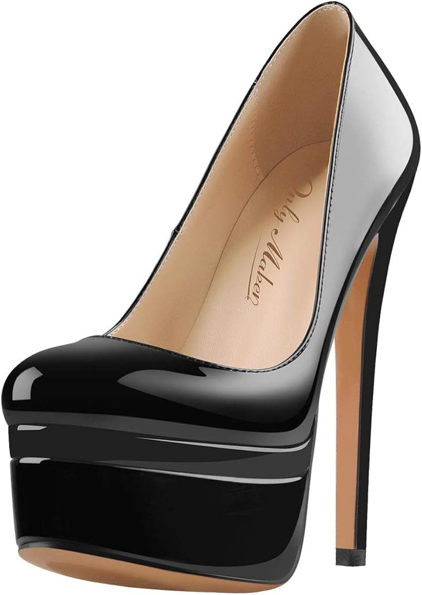 onlymaker Women's Double Platform Round Toe High Heel Slip On Leather Pumps