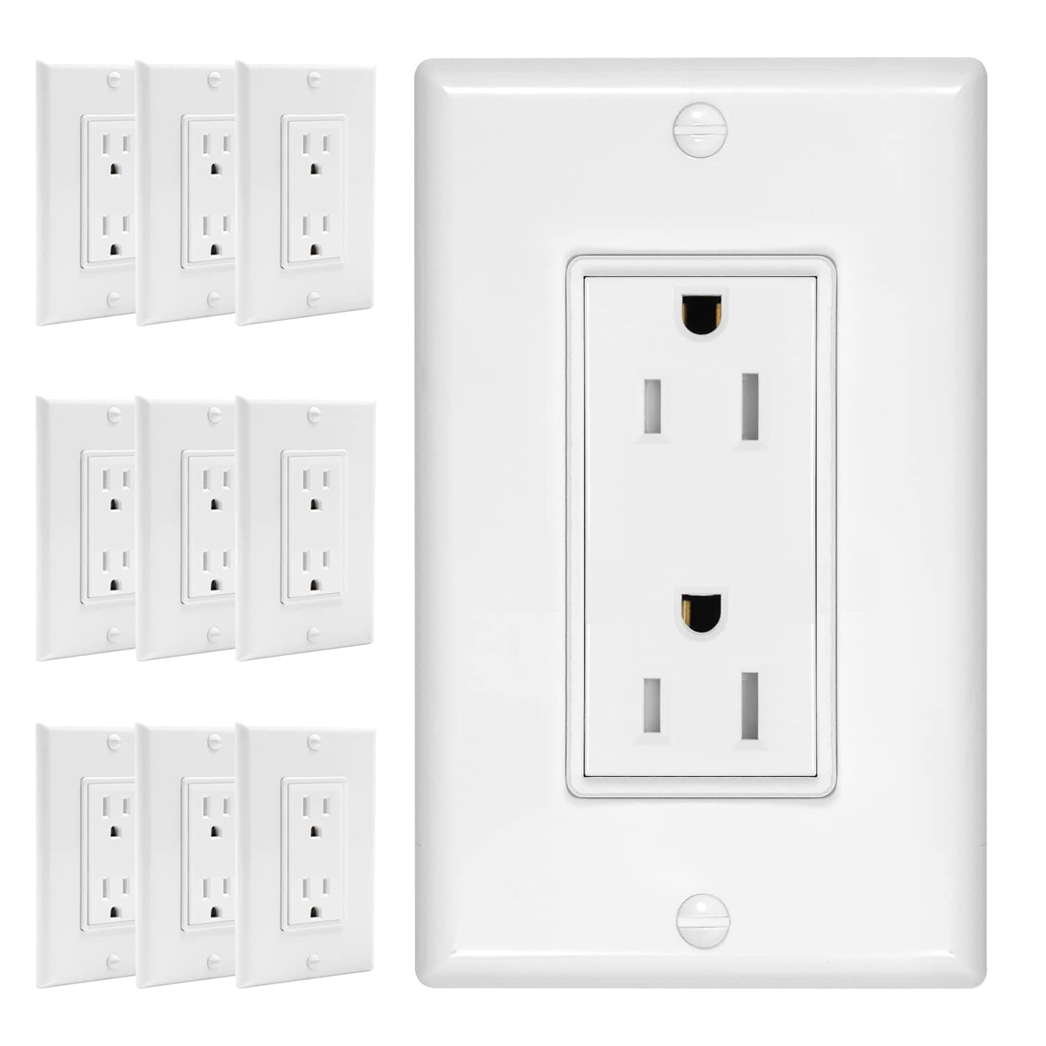 ThunderWay Decorator Receptacle Outlet with Wall Plate -Tamper-Resistant Electrical Outlet, 15Amp/125V, Self-Grounding, Glossy Finish, Residential Grade, 3-Wire, UL Listed, White (10 Packs)