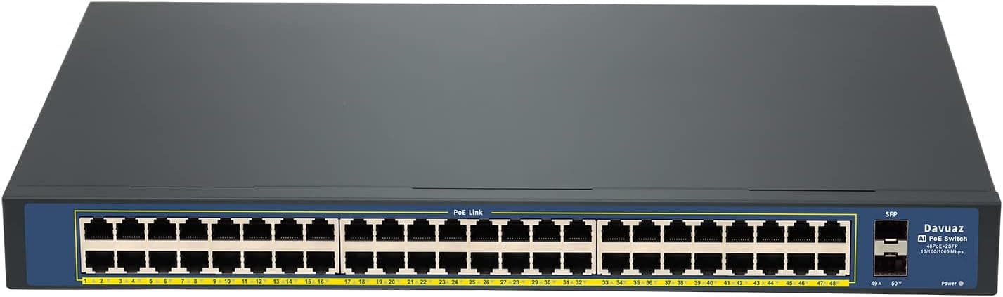 Davuaz Gigabit PoE Switch with 48 POE+ Port, and 2 Gigabit SFP Port, IEEE802.3af/at Compliant, Up to 800W, Metal Design, Unmanaged Power Over Ethernet Switch, Plug and Play Network Switch