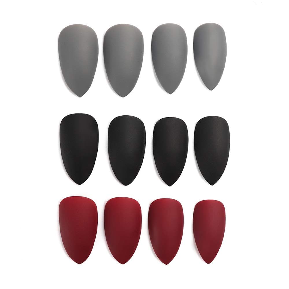 LIARTY 72Pcs Matte Black/Grey/Wine Red Stiletto False Nails Long Full Cover Nails Tips (Stiletto)
