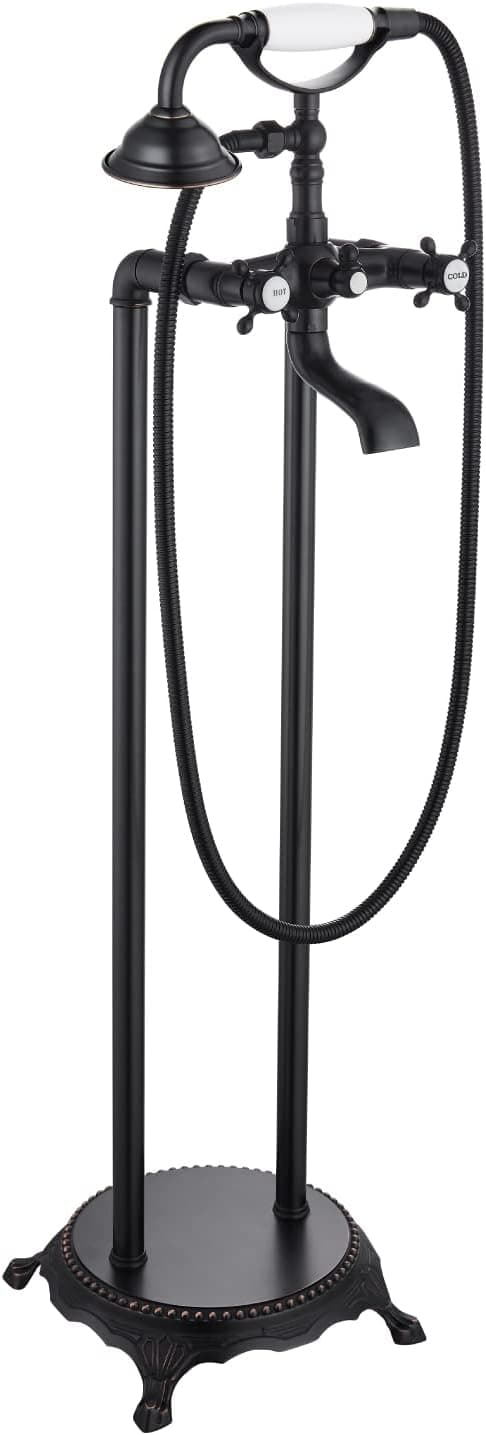 Cinwiny Oil Rubbed Bronze Freestanding Faucet Bathtub Floor Mounted Tub Filler With Handheld Shower Spray Double Cross Knobs Telephone Shape High Flow Bathroom Mixing Tap