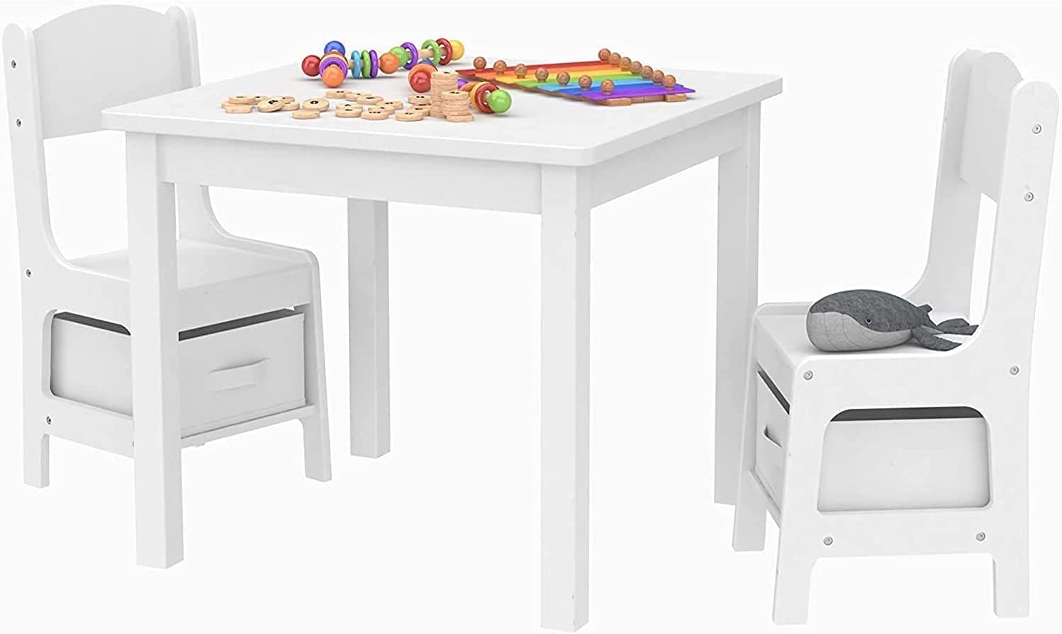 Wood Kids Table and Chair Set with 2 Storage Boxes, Children Play Desk with 2 Chairs for Arts & Crafts, Snack Time, Homeschooling, Homework & More, White