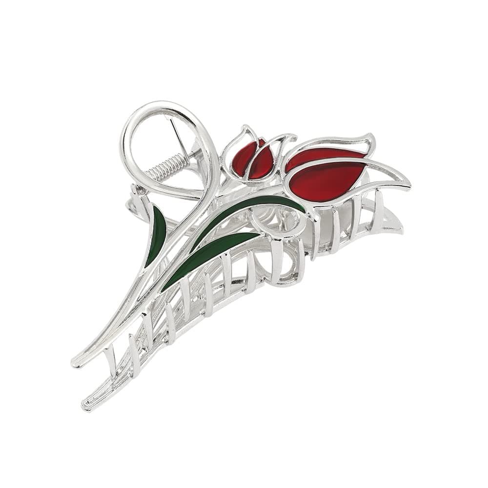 Women's Sweet Tulip Flower Hair Clips, Fashion Tulip Flower Shaped Claw Clips, Elegant Large Non Slip Hair Clips Grips Jaw Hair Clips Hair Styling Accessories Gift for Girls (Silver+Red)