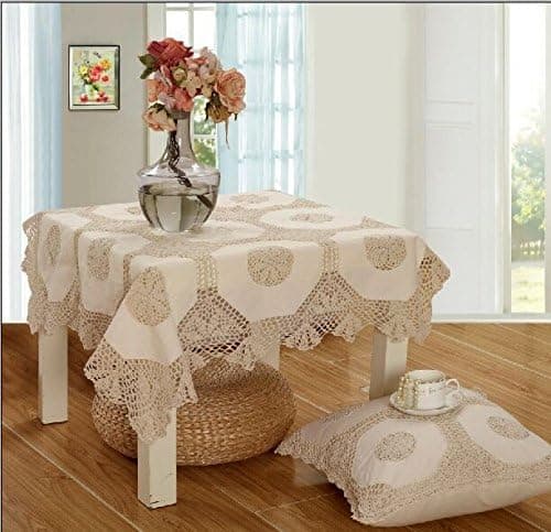 OctoRose 100% Cotton Crocheted Beige Lace Tablecloth for Rectangular, Round, and Oblong Tables | Elegant Handmade Table Cloth Christmas, Wedding, and Parties | Delicate and Chic Decor for Side Tables