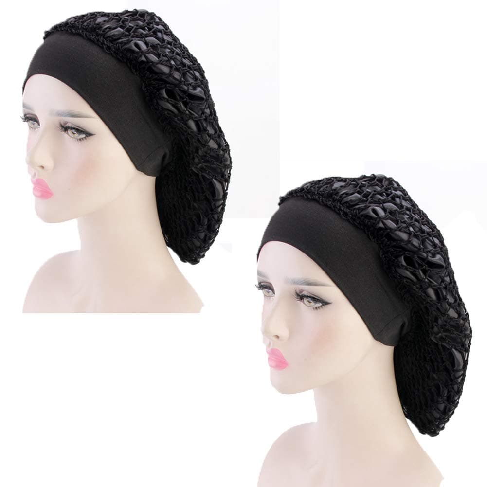 2Pack Crochet Hair Net Snood Cap Elastic Wide Band Satin Bonnet Night Sleep Hat Gifts for Frizzy Hair Women Men