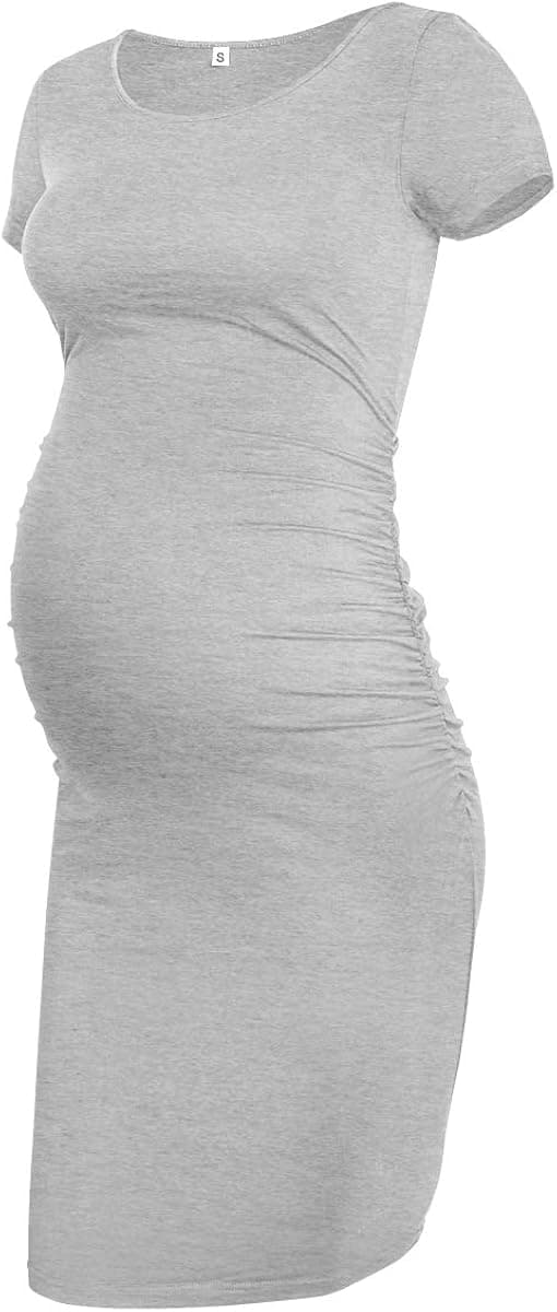 GLAMIX Women's Maternity Dress Pregnancy Short Sleeve Fitted Ruched Casual Dress Mama Bodycon Clothes