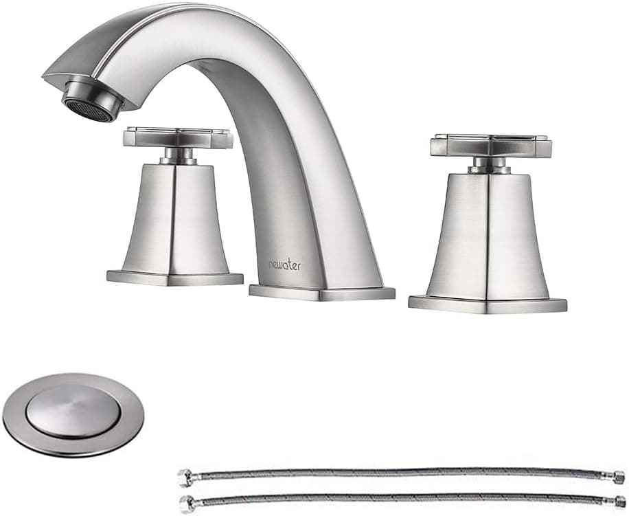 NEWATER 2-Handle Widespread Bathroom Sink Faucet Three Hole Lavatory Faucet with Metal Pop-up Drain Assembly & Supply Lines，Brushed Nickel