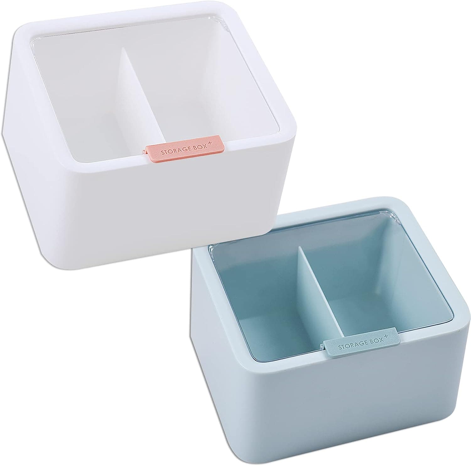 2 Slot Qtip Holder with Lid, Plastic Bathroom Storage Organizer Container Box for Cotton Pads, Cotton Balls, Cotton Swabs, Tooth Picks, Flossers, Suitable for Vanity Drawer (White, Blue)