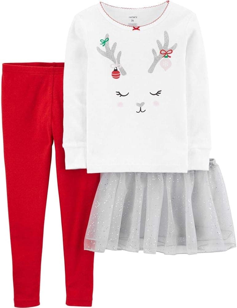 Carter's Girls' 3-Piece Tutu Pajama Set (12 Months, White/Red/Reindeer)