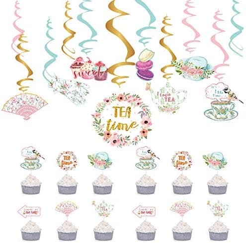 54 PCS Floral Tea Party Birthday Decorations Kit with Cake Topper Decorative and Hanging Swirl Decorations for Lets Par-Tea Party Decor