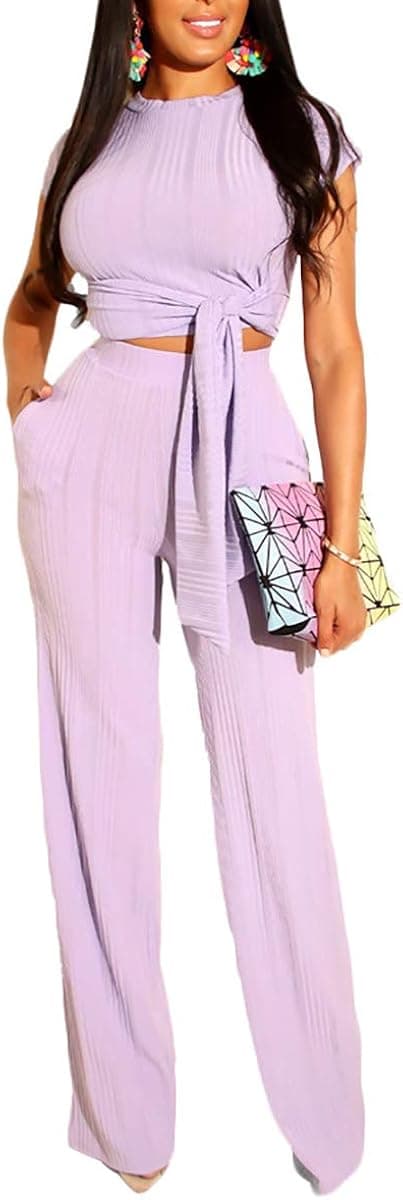 Ophestin Womens Sexy Two Piece Outfits Short Sleeve Rib Belted Crop Top Wide Leg Pants Set Party Jumpsuits Purple L
