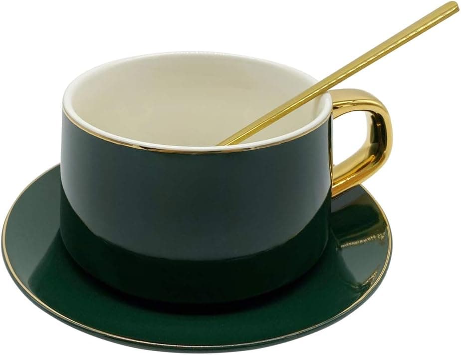 Krycslove European Style Coffee Cups Teacups with Saucer and Spoon Set Creative Luxury Gold Trim Ceramic Cup (Dark Green)