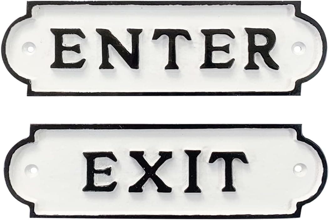Ziolte Set of Enter exit Cast Iron Gate Sign Plates, Rustic Gate Plaques in White and Black, 2.25 x 7.4 Inches Each; Includes Mounting Hardware…