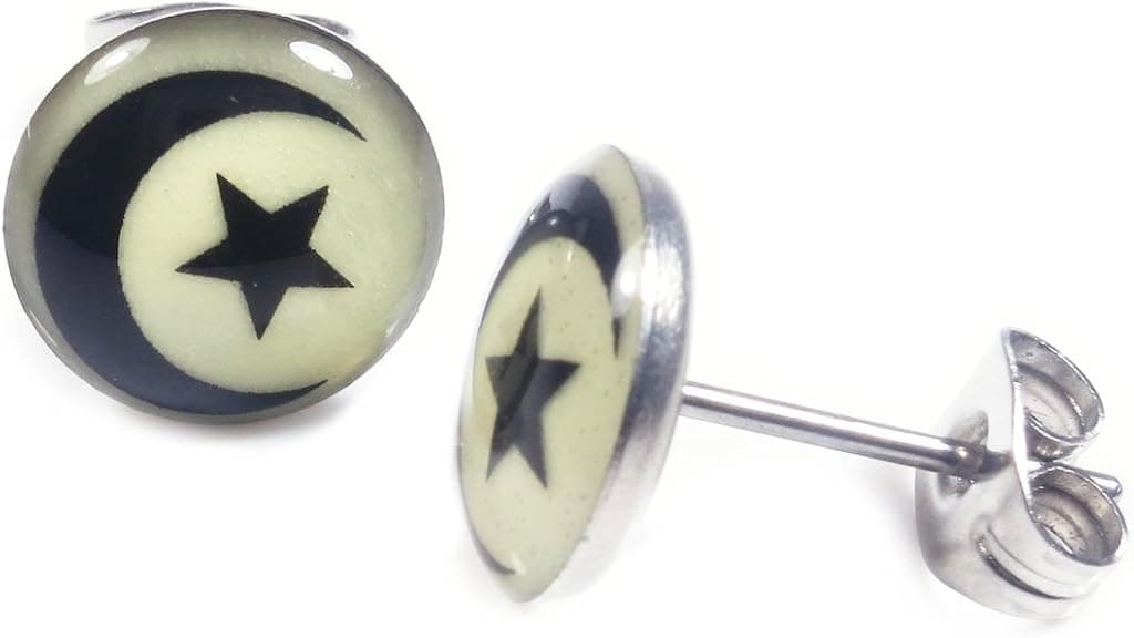 Pair Stainless Steel Glow In The Dark Moon Star Post Stud Earrings