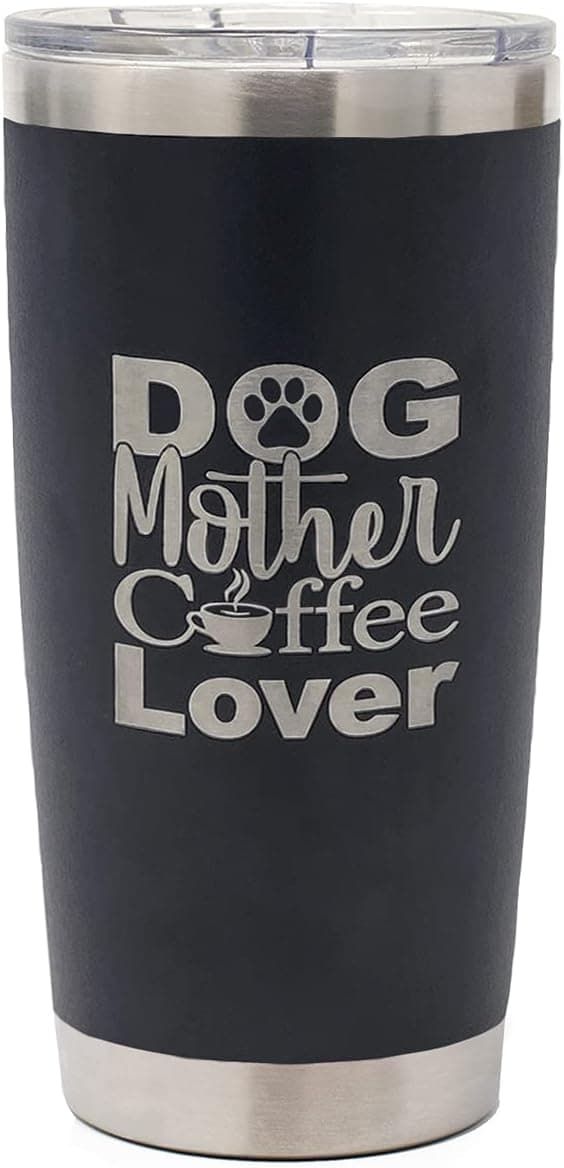 Sillybean Best Dog Mom Coffee Lover Gift Mug | 20 Oz Laser Etched Black Stainless Steel Double Insulated Travel Tumbler Gifts for Women