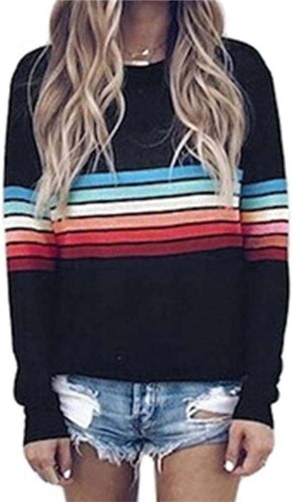 Women Simple Blouse Tops O Neck Colorful Print Splice Oversize Tee Shirt with Sleeve Black