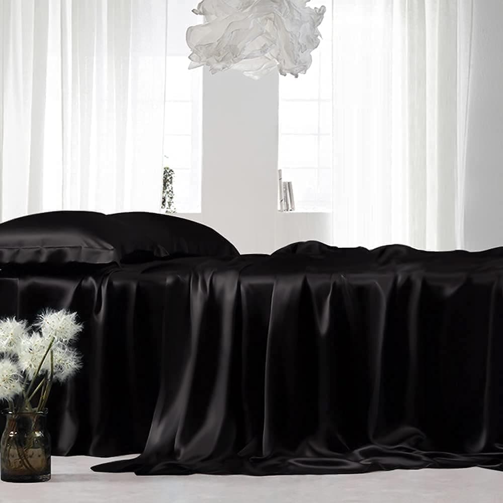 Bedify Bedding 100% Pure Silk Satin Flat Sheet Fitted Sheet 16" to18 Deep Pocket Mattress fit Silk Flat Sheet Pillowcases Set Cool Soft Silk Sheets|Wrinkle Free Fade Resistant (Black, King)