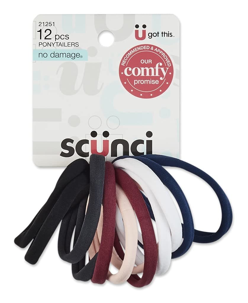 Scunci Everyday & Active Work Out Chill Out Super Stretch Comfy, 12 count Elastics, Black, Plum Pink, Blue, White