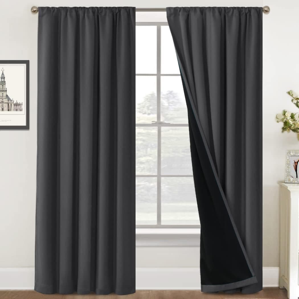 100% Blackout Curtains Thermal Insulated Full Blackout Curtains for Bedroom 84 Inches Long Energy Efficiency Rod Pocket Curtains for Living Room with Black Liner, Charcoal Gray, 52 x 84 Inch, 2 Panels