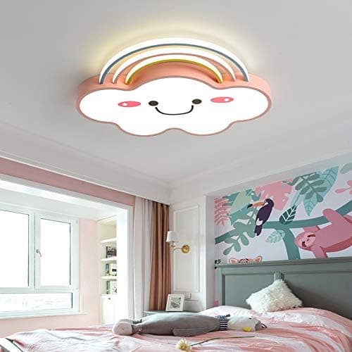 LITFAD Acrylic Rainbow Cloud Flush Light Cartoon Pink Large LED Ceiling Mount Lamp Modern Creative Personality Smile Face Design Ceiling Light for Kids Bedroom Girls Room Study Room, White Light