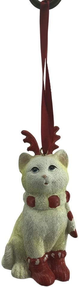 Comfy Hour 3" Polyresin Cat Wearing Scarf, Reindeer Antler Headwear and Shoes Ornament for Christmas Decoration, Red and Light Yellow, Winter Holiday Collection