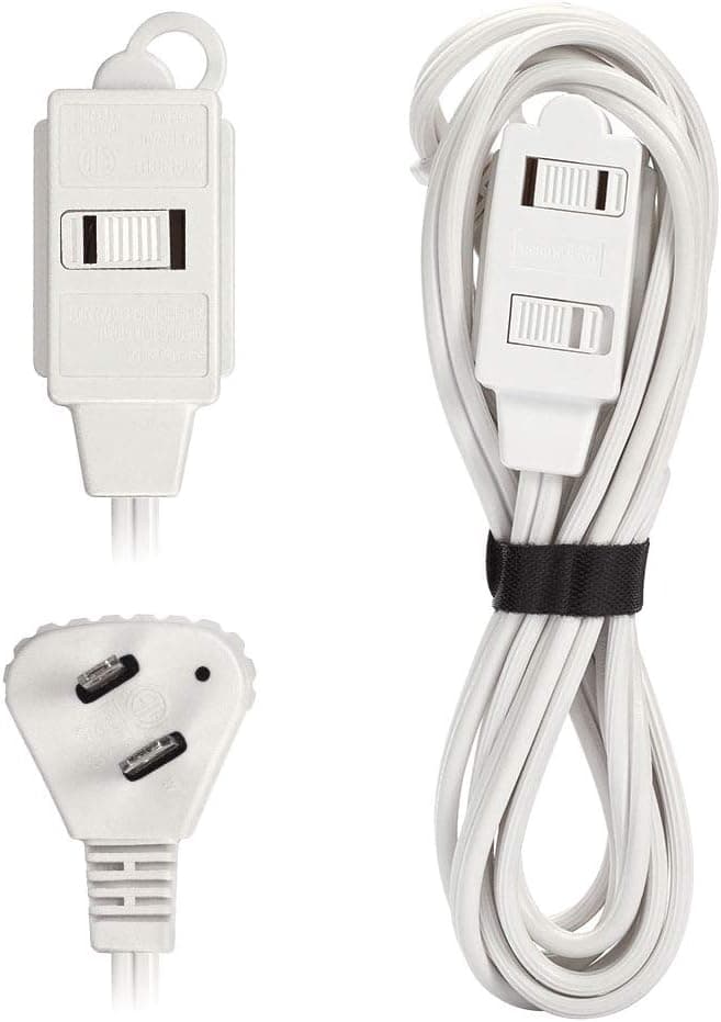 Extension Cord 2 Prong Slimline - 7 FT Cable Extension Cord Flat Plug Ungrounded 3 Polarized Outlets White Household Light Extension Cord for Indoor Use 125V AC 13A 1625W ETL Listed