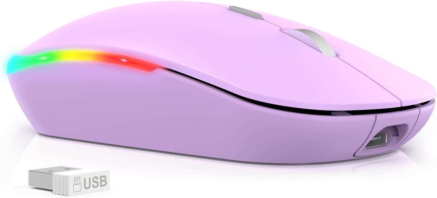 Deeliva Wireless Bluetooth Mouse, Bluetooth 5.0 & 3.0 Mouse 2.4G Rechargeable Slim Quiet LED USB Cordless Wireless Mouse for Laptop, MacBook, iPad, Android, Computer, Windows, PC (Purple)