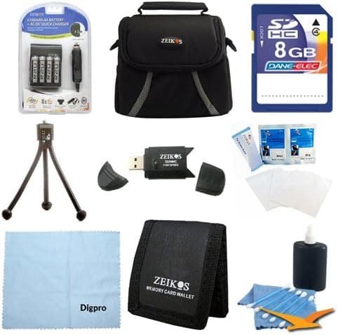 Digital Camera 9 pc Kit AA Rechargeable Batteries & Charger 8GB SD Card & USB Reader, Table-top Tripod, Deluxe Gadget Bag, Memory Card Wallet, Micro Fiber Cloth Lens Cleaning Kit Nikon Canon FujiFilm
