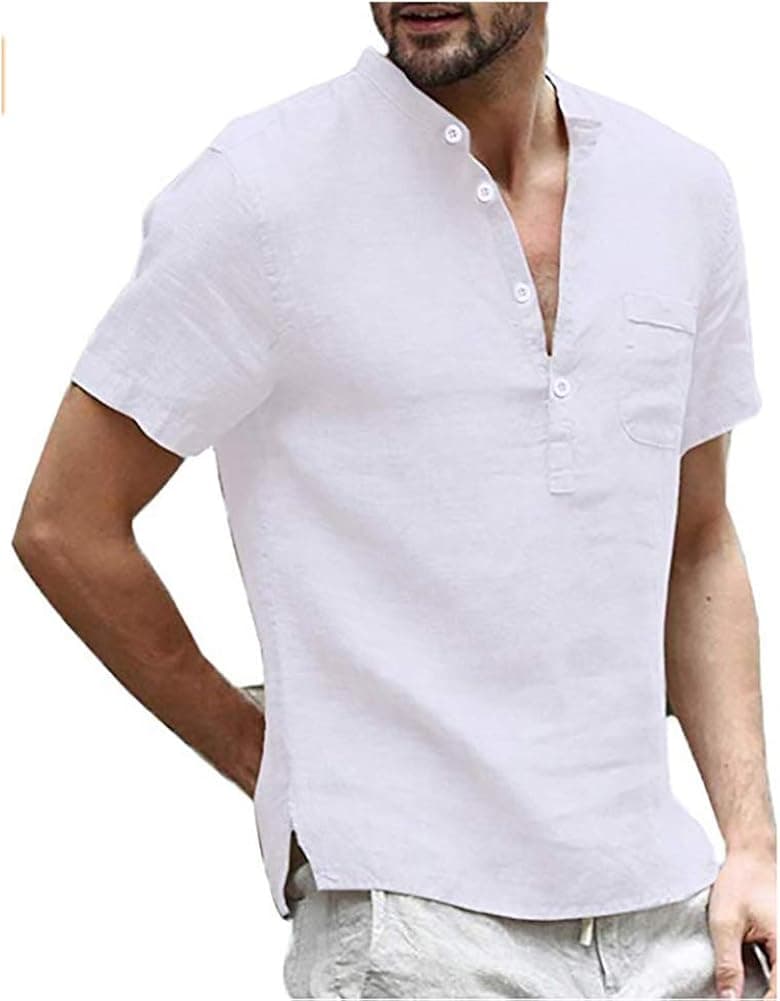 Men's Linen Cotton Henley Shirt - Casual Short Sleeve Hippie Button Up Beach T Shirts -7 Colors