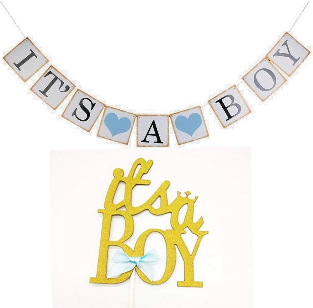 Hemarty Baby Shower 3M Paper Its a Boy Banner with It's A Boy Cake Toppers Cake Flags Party Baptism Decorations Bunting Favors Supplies Blue Babyshower