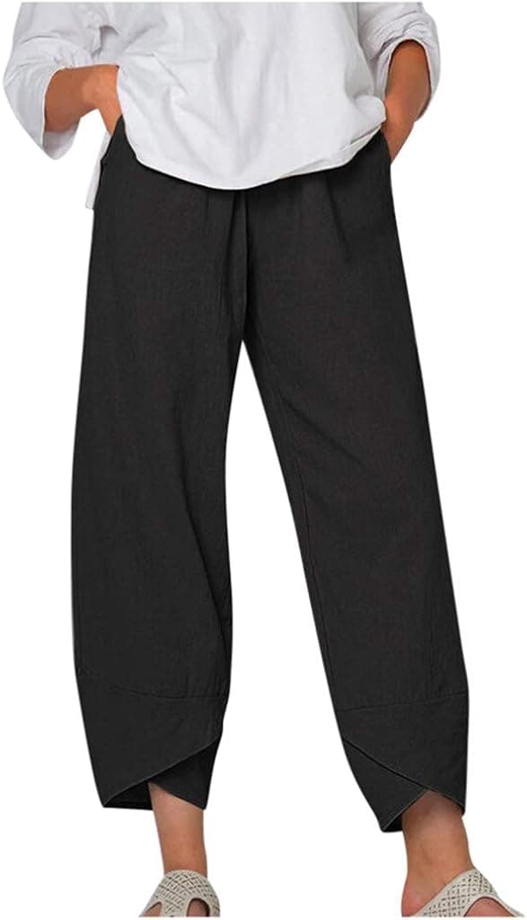 QWENTMTNTY Plus Size Capris Pants for Women Cotton Linen Wide Leg Casual Summer Comfy High Waisted Loose Crop Pants Pockets