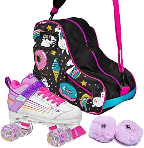 Pacer Comet Light-Up Skates, Donut/Unicorn Bag, Pink Pom Poms (Bundle 3-Items)