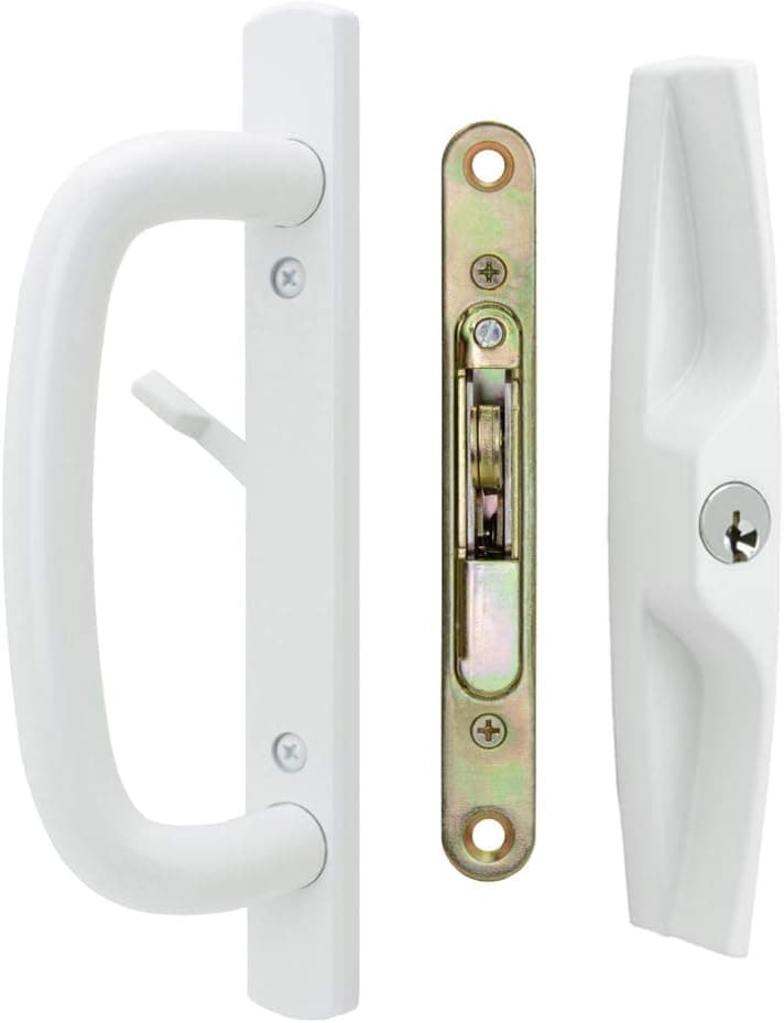 Veranda Sliding Glass Door Handle Set with Mortise Lock, White, Keyed, 3-15/16” Screw Holes, 1-1/2” Door Thickness