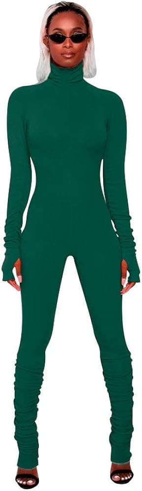 hibshaby Bodycon Jumpsuit for Women Zipper High Neck Outfit Long Sleeve Rompers