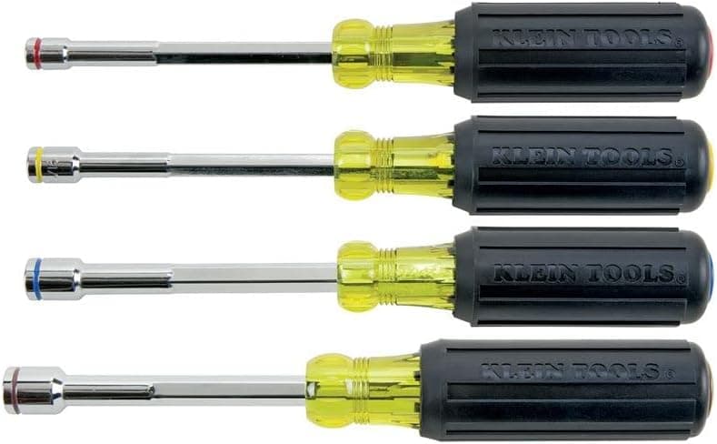 Klein Tools 635-4 Tool Set, Heavy Duty Magnetic Nut Drivers Hex Sizes 1/4, 5/16, 3/8, 7/16-Inch, Full Hollow Shafts w/Color Coding, 4-Piece