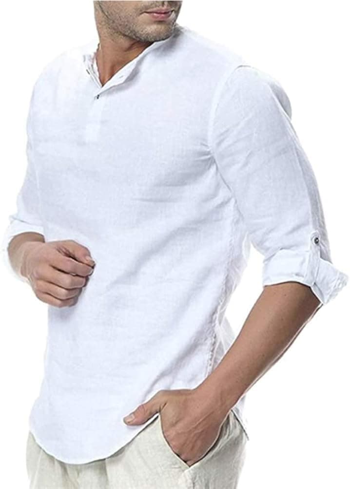 THWEI Mens Linen Henley Shirt Loose Fit Roll Up Long Sleeve Casual Solid T-Shirt (XXL, White)