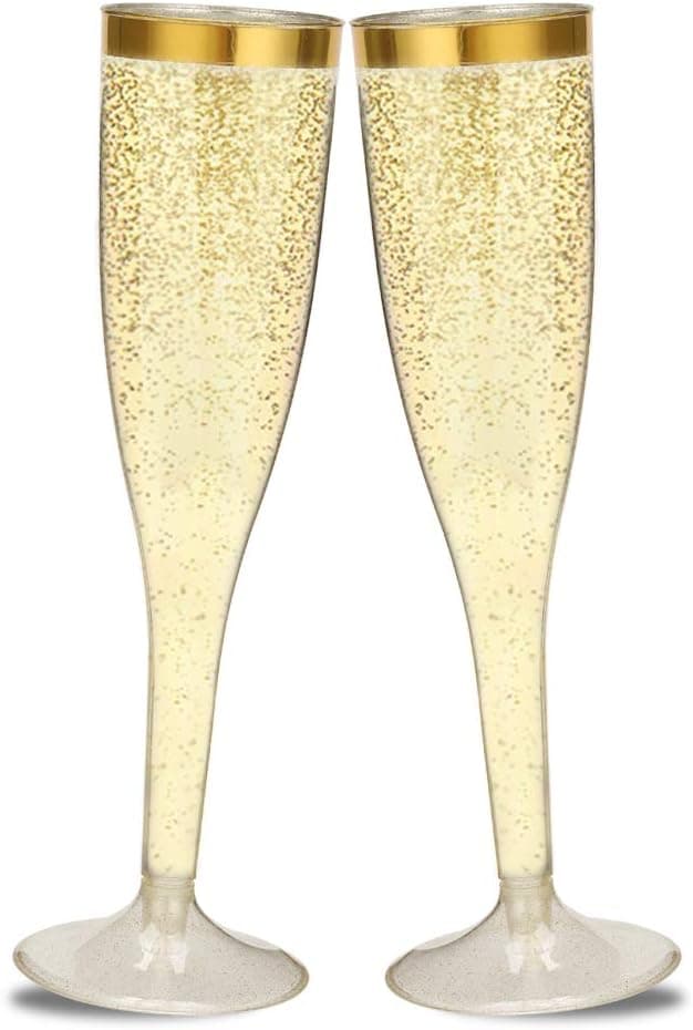 50 Gold Rimmed Gold Glitter Plastic Champagne Flutes - 5oz Disposable Wedding Toasting Wine Glasses - Holiday Mimosa Party Cocktail Cups