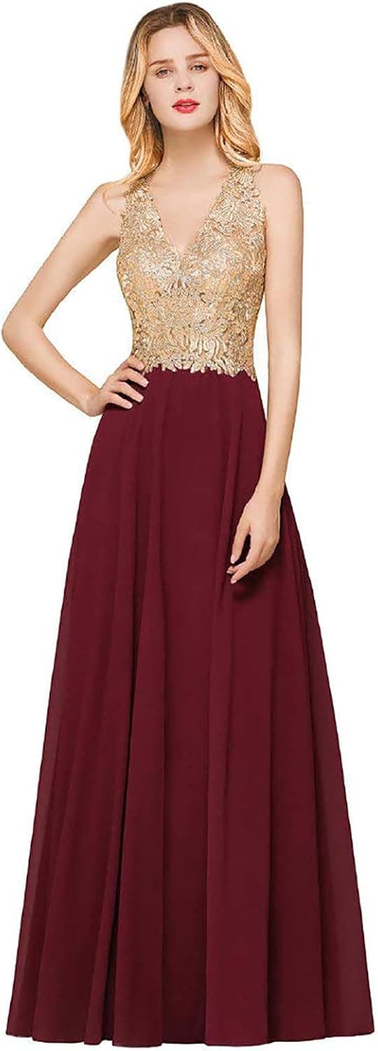 MisShow Gold Lace Applique V Neck Long Evening Formal Prom Dress for Women Ball Gown
