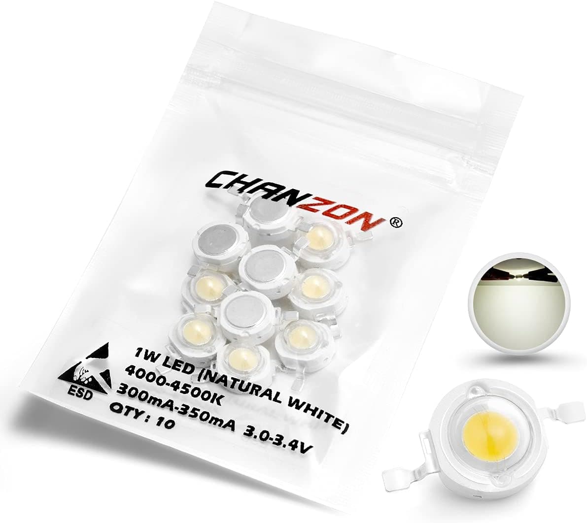Chanzon 10 pcs High Power Led Chip 1W Natural White 4000K - 4500K (300mA - 350mA / DC 3V - 3.4V / 1 Watt) Super Bright Intensity SMD COB Light Emitter Components Diode 1 W Bulb Lamp DIY Lighting