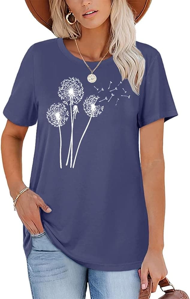 Wudia Womens Cute Dandelion Graphic Tees with Sayings Summer Short Sleeve Cotton Tops T Shirts