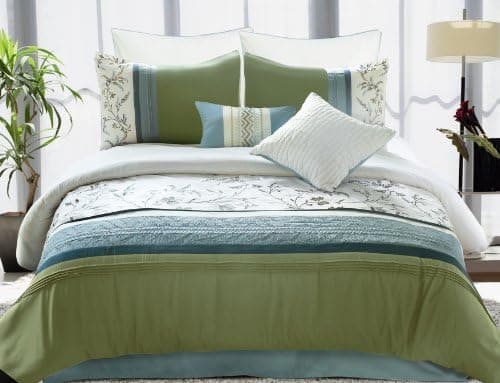 8Pcs Over Size Queen Kimberly 100% Cotton Touch Green and Blue Embroidery Comforter Set