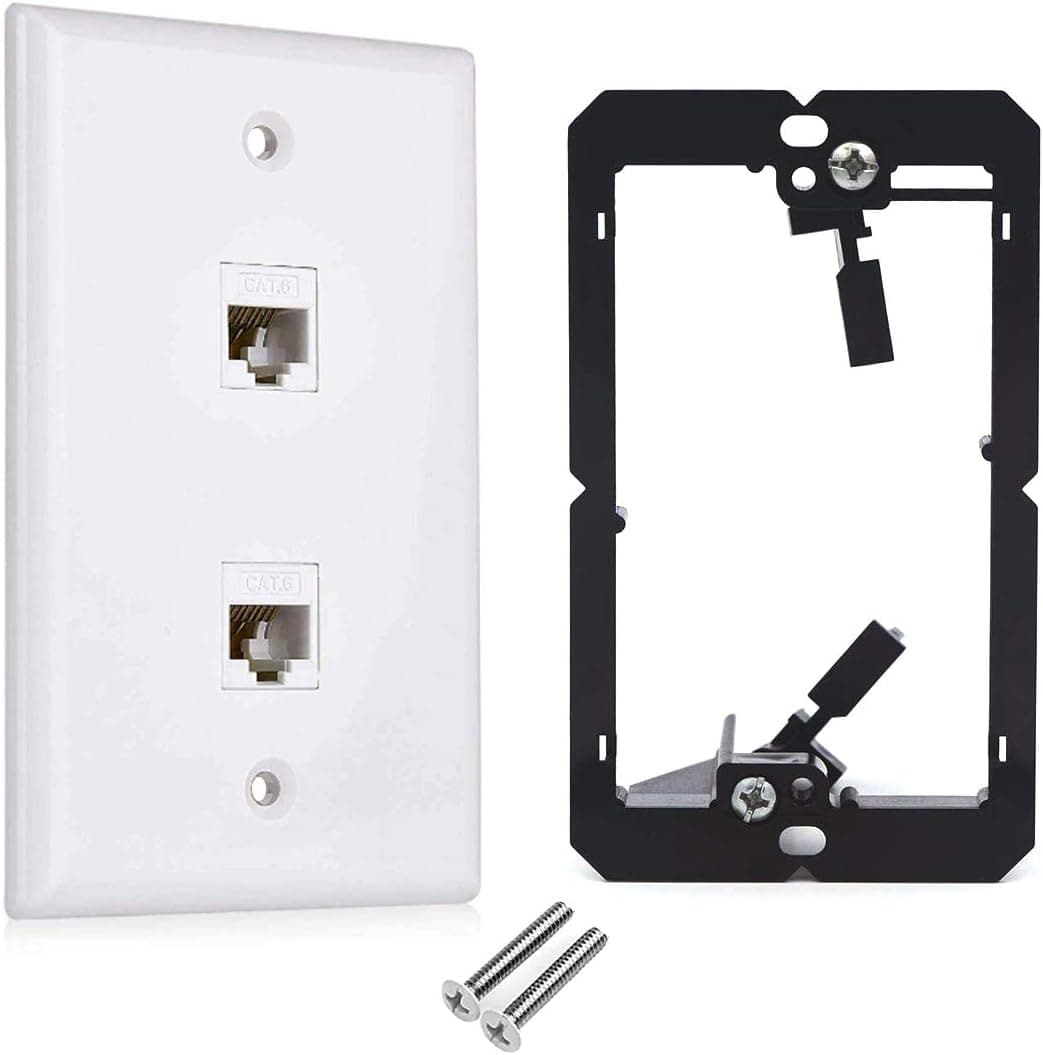 CAT.6 RJ45 Ethernet Wall Plate, OZXNO 1-Pack RJ45 Female to Female Keystone Jack Wallplate Removable Cat6 Inline Coupler Faceplate with Low Voltage Mounting Bracket Device (2 Port)