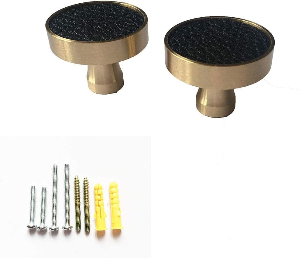 UniDes 2 Pack Leather Texture Brass Cabinet Hardware Drawer Round Knob,Also Can be Used as Coat Hooks Wall Decor - 1.18" in Diameter(Black)