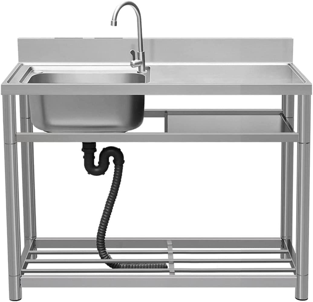 Freestanding Utility Stainless Steel Single Basin Kitchen Sink, Single Bowl Commercial Dining Room Set with Faucet and Drain, Vanity with Worktop and Storage Shelves Indoor Outdoor (100cm/39.4in)