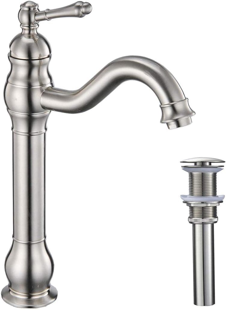 Homevacious Brushed Nickel Bathroom Vessel Sink Faucet With Brass Pop Up Drain Without Overflow Single Handle Lever Bowl Satin One Hole Mixer Tap Commercial Supply Lines Lead-Free