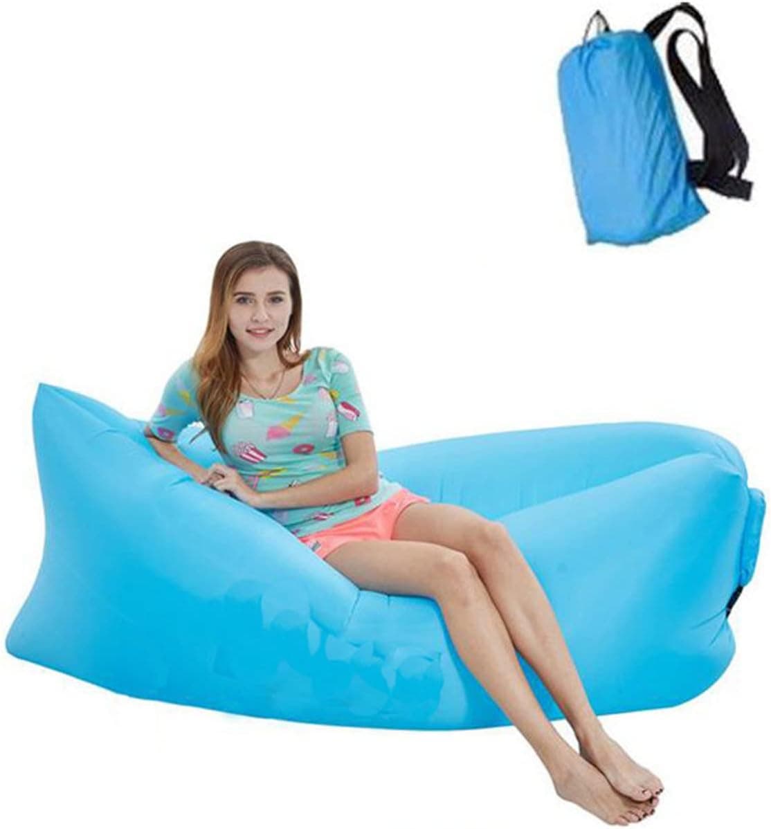 N/C Portable Blue Self Inflatable Couch Lazy Air Sofa Air Sack Bed Tanning Natures Lounger Wind Chair Beach Hammock Camping Gifts Accessories Pad Sleeping Gear Music Festivals Blowup Couches