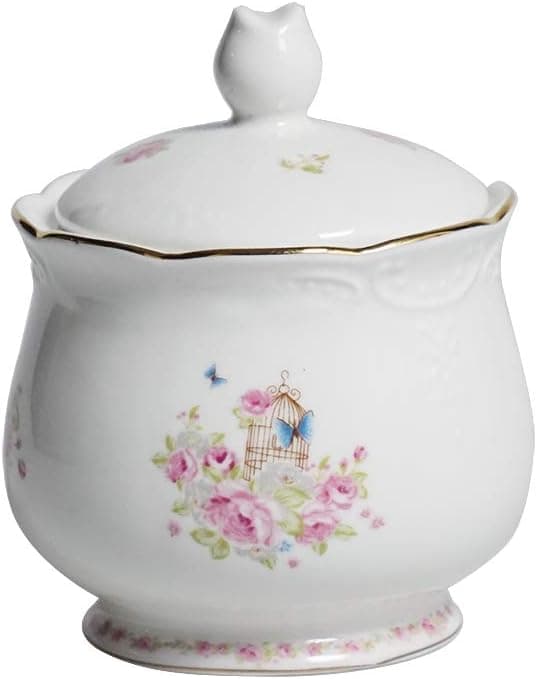 Flower White Sugar Bowl, Ceramic Sugar Bowl with Lid and Spoon for Home and Kitchen 8 oz